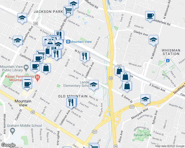 map of restaurants, bars, coffee shops, grocery stores, and more near 144 West Dana Street in Mountain View
