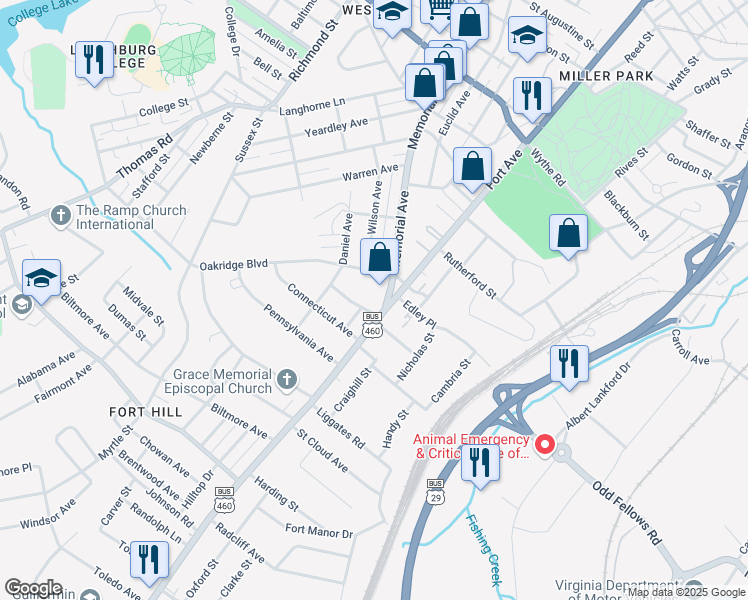 map of restaurants, bars, coffee shops, grocery stores, and more near 3511 Memorial Avenue in Lynchburg