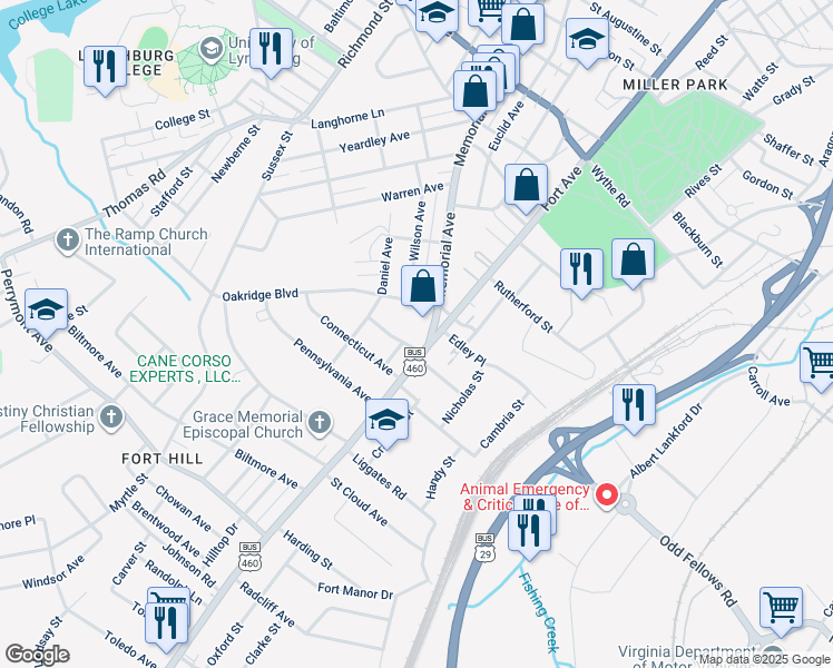 map of restaurants, bars, coffee shops, grocery stores, and more near 3511 Memorial Avenue in Lynchburg