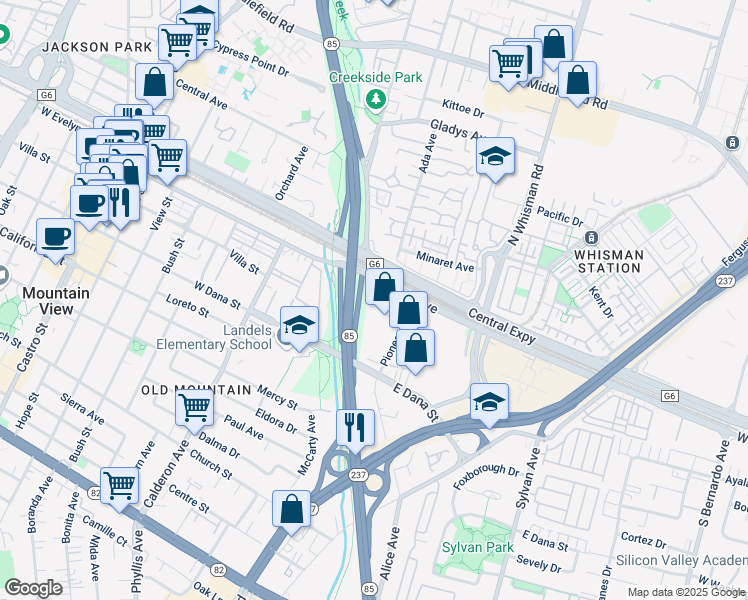 map of restaurants, bars, coffee shops, grocery stores, and more near 67 East Evelyn Avenue in Mountain View