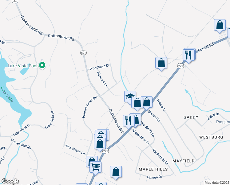 map of restaurants, bars, coffee shops, grocery stores, and more near 102 Blumont Drive in Lynchburg