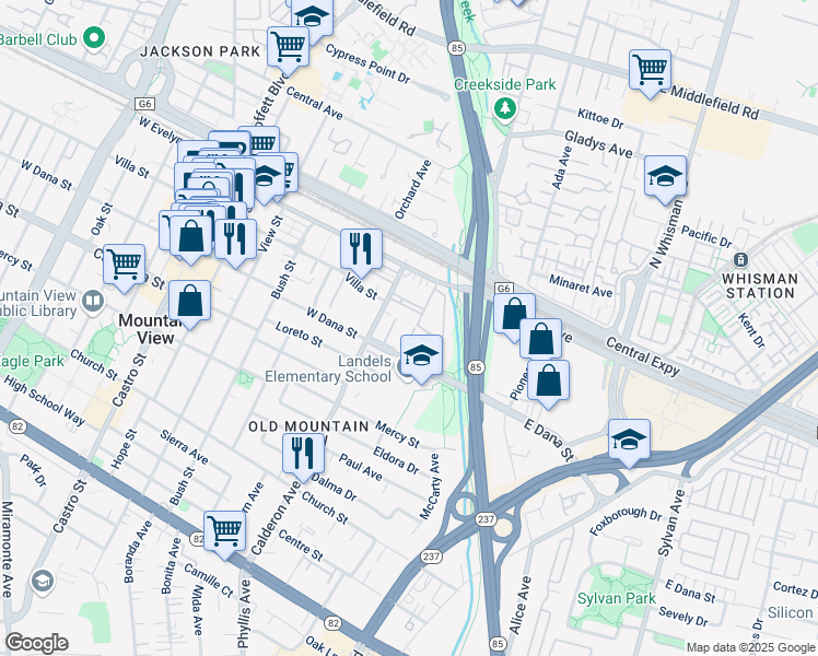 map of restaurants, bars, coffee shops, grocery stores, and more near 140 West Dana Street in Mountain View