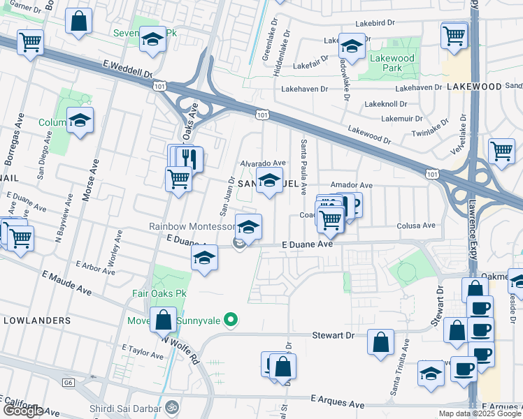 map of restaurants, bars, coffee shops, grocery stores, and more near 795 Carmel Avenue in Sunnyvale