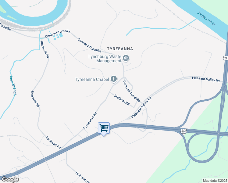 map of restaurants, bars, coffee shops, grocery stores, and more near 5206 Tyreeanna Road in Lynchburg