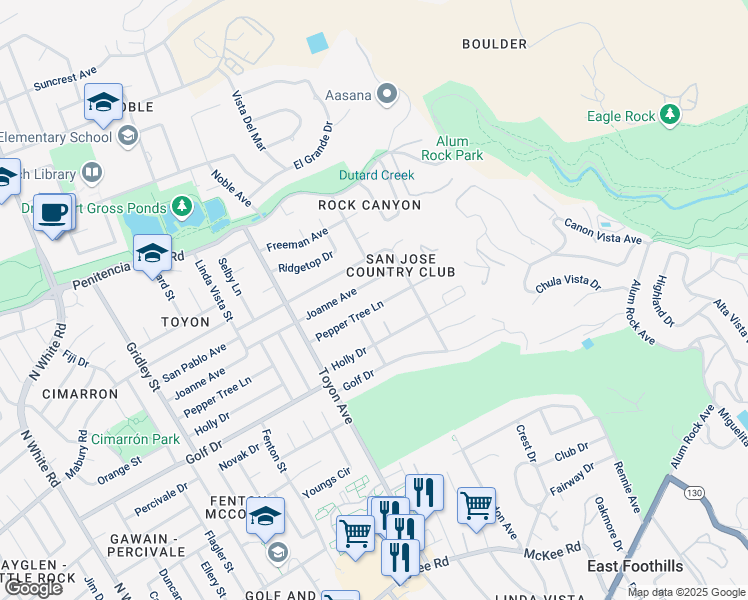 map of restaurants, bars, coffee shops, grocery stores, and more near 15090 Joanne Avenue in San Jose