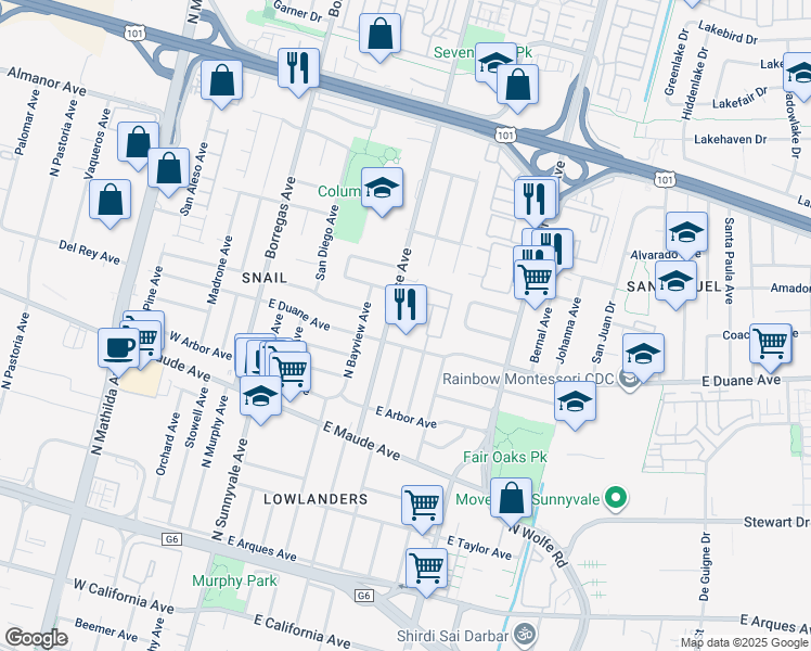 map of restaurants, bars, coffee shops, grocery stores, and more near 438 Waddington Avenue in Sunnyvale