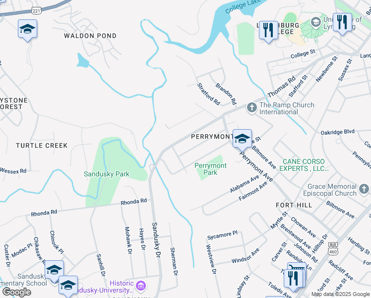 map of restaurants, bars, coffee shops, grocery stores, and more near 4623 Golf Park Drive in Lynchburg