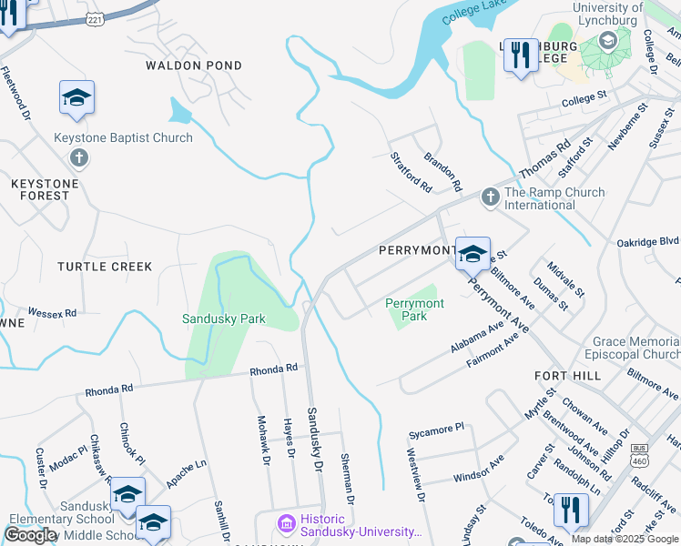 map of restaurants, bars, coffee shops, grocery stores, and more near 4700 Greenwood Drive in Lynchburg