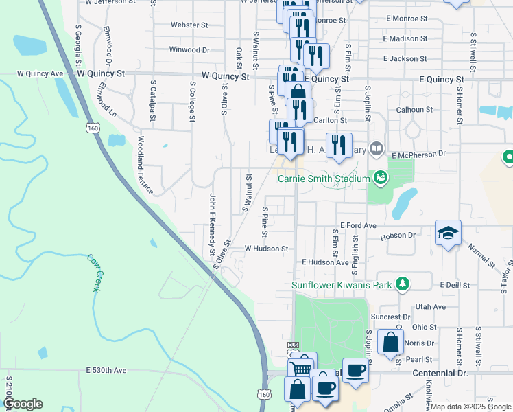 map of restaurants, bars, coffee shops, grocery stores, and more near 1804 South Pine Street in Pittsburg