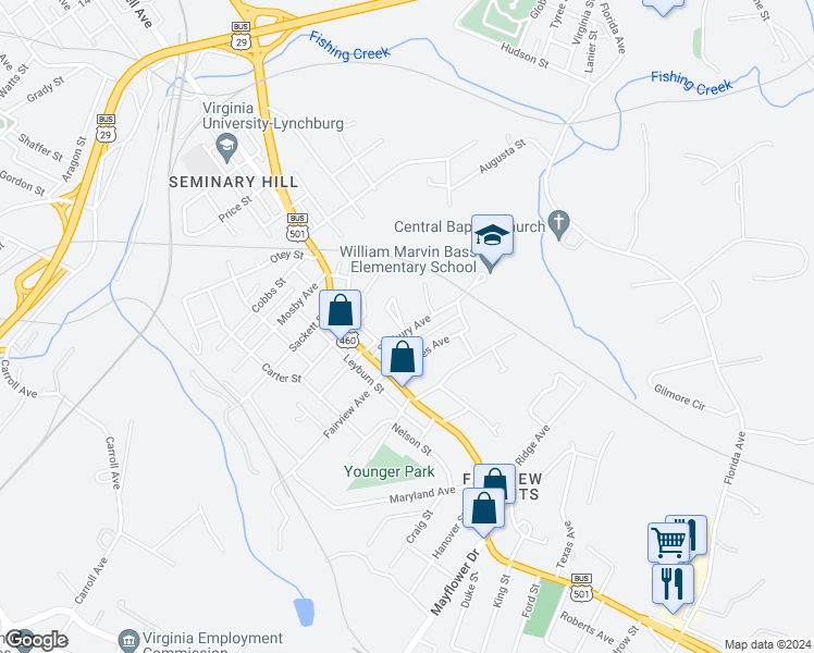 map of restaurants, bars, coffee shops, grocery stores, and more near 2948 Triangle Place in Lynchburg
