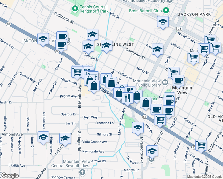 map of restaurants, bars, coffee shops, grocery stores, and more near 720 Pettis Avenue in Mountain View
