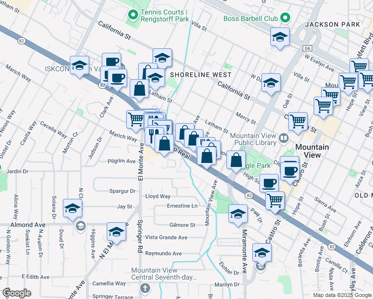 map of restaurants, bars, coffee shops, grocery stores, and more near 1616 California 82 in Mountain View
