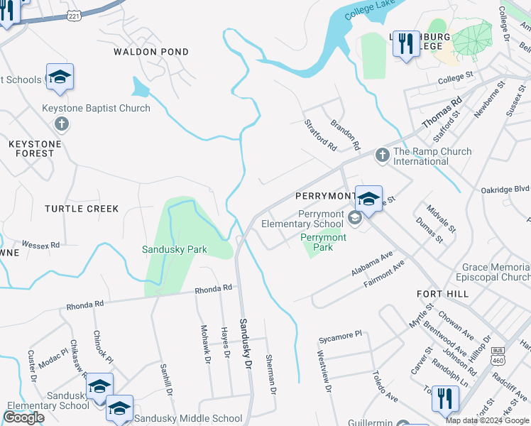 map of restaurants, bars, coffee shops, grocery stores, and more near 101 Meadowview Drive in Lynchburg