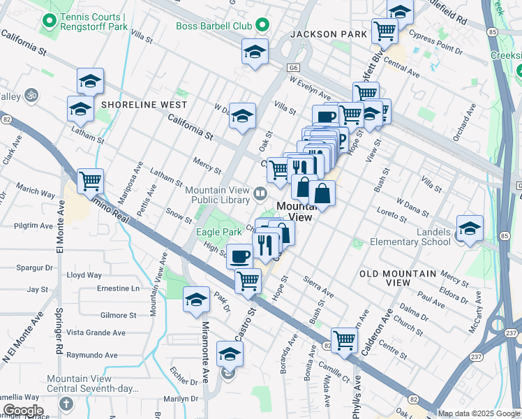 map of restaurants, bars, coffee shops, grocery stores, and more near 585 Franklin Street in Mountain View