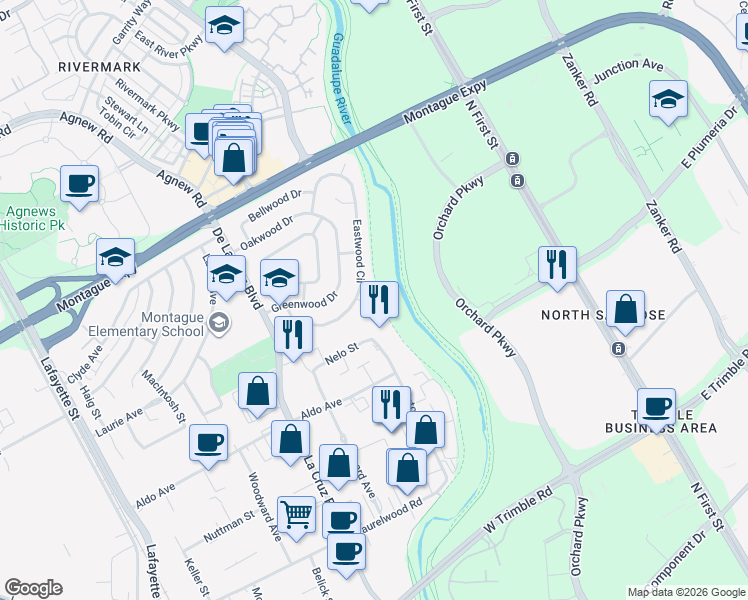 map of restaurants, bars, coffee shops, grocery stores, and more near 421 Brasswood Court in Santa Clara