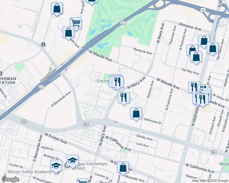 map of restaurants, bars, coffee shops, grocery stores, and more near in Sunnyvale