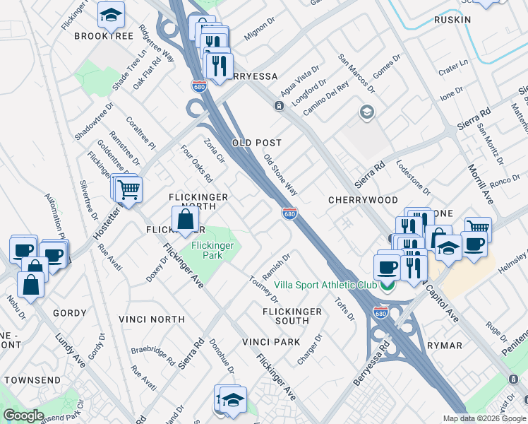 map of restaurants, bars, coffee shops, grocery stores, and more near 2235 Emerald Hills Circle in San Jose