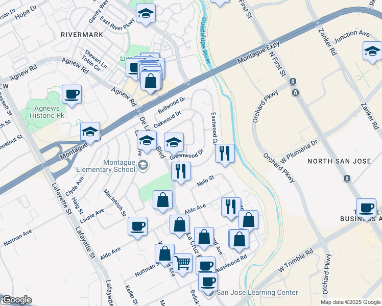 map of restaurants, bars, coffee shops, grocery stores, and more near 3697 Edgefield Drive in Santa Clara
