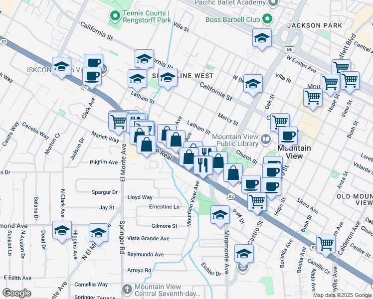 map of restaurants, bars, coffee shops, grocery stores, and more near 720 Pettis Avenue in Mountain View