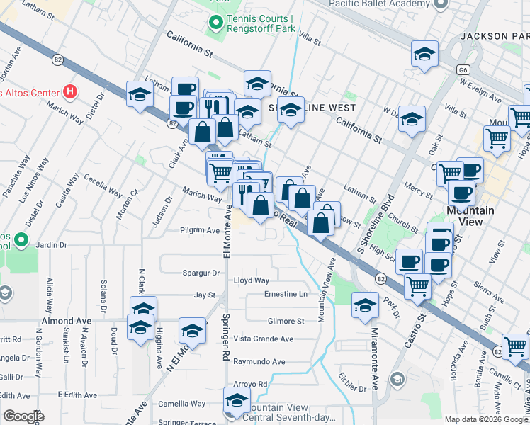 map of restaurants, bars, coffee shops, grocery stores, and more near in Mountain View