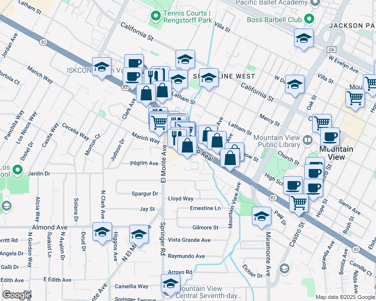map of restaurants, bars, coffee shops, grocery stores, and more near in Mountain View