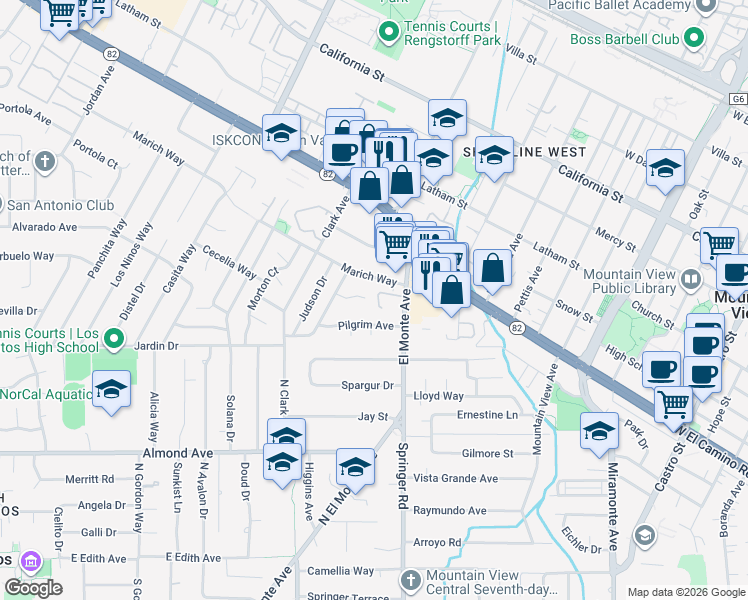 map of restaurants, bars, coffee shops, grocery stores, and more near 1739 Marich Way in Mountain View