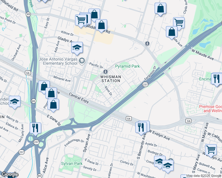 map of restaurants, bars, coffee shops, grocery stores, and more near 424 Kent Drive in Mountain View