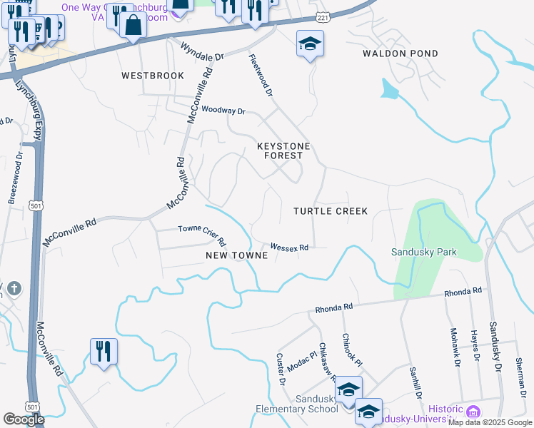 map of restaurants, bars, coffee shops, grocery stores, and more near 408 Wessex Road in Lynchburg