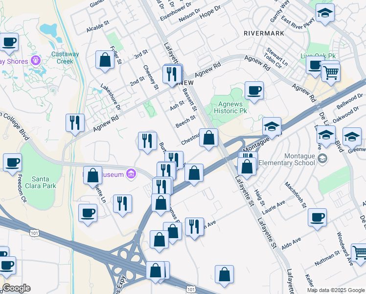 map of restaurants, bars, coffee shops, grocery stores, and more near 1900 Chestnut Street in Santa Clara