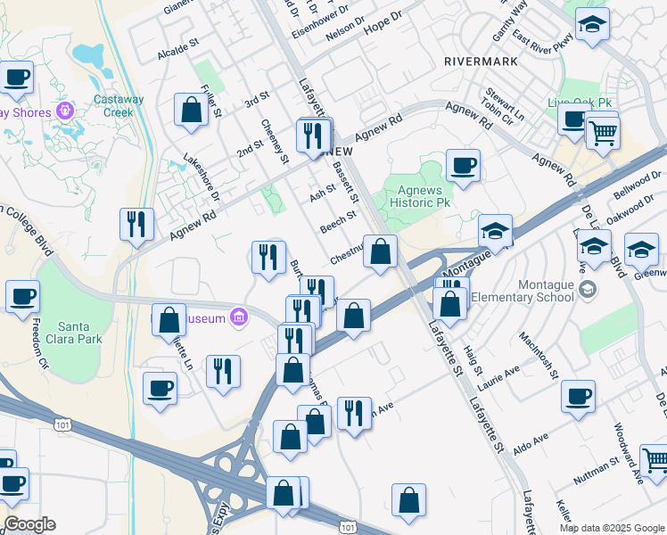 map of restaurants, bars, coffee shops, grocery stores, and more near 1900 Chestnut Street in Santa Clara
