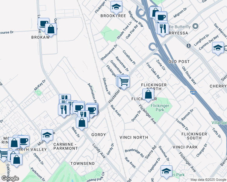 map of restaurants, bars, coffee shops, grocery stores, and more near 1664 Pinetree Court in San Jose