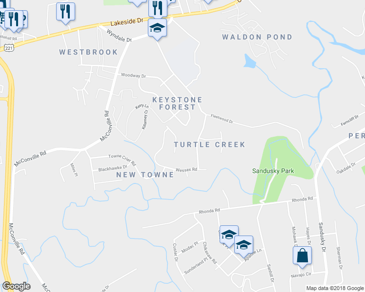 map of restaurants, bars, coffee shops, grocery stores, and more near 121 Bennett Street in Lynchburg