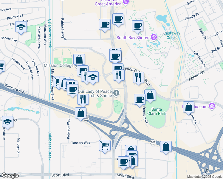 map of restaurants, bars, coffee shops, grocery stores, and more near 2809 Mission College Boulevard in Santa Clara