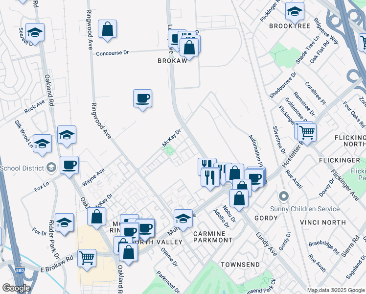 map of restaurants, bars, coffee shops, grocery stores, and more near 1837 Camino Leonor in San Jose