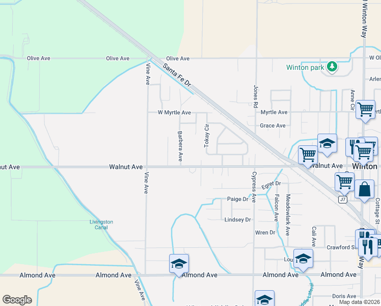 map of restaurants, bars, coffee shops, grocery stores, and more near 7076 Barbera Avenue in Winton