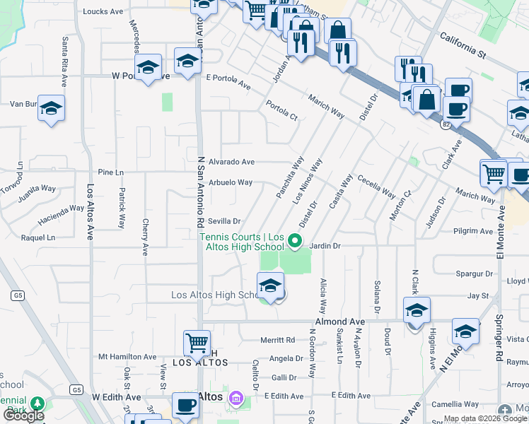 map of restaurants, bars, coffee shops, grocery stores, and more near 484 Panchita Way in Los Altos