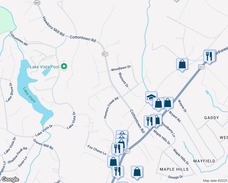 map of restaurants, bars, coffee shops, grocery stores, and more near 1441 Cottontown Road in Lynchburg
