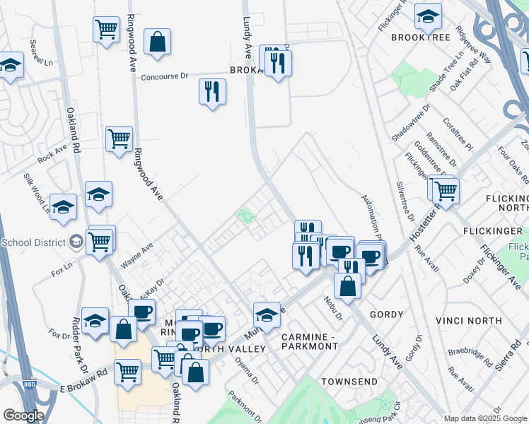 map of restaurants, bars, coffee shops, grocery stores, and more near 1837 Camino Leonor in San Jose