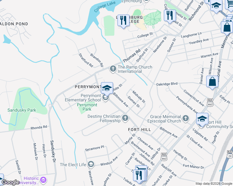 map of restaurants, bars, coffee shops, grocery stores, and more near 4314 White Street in Lynchburg