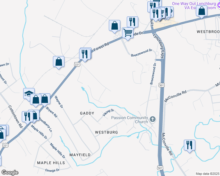 map of restaurants, bars, coffee shops, grocery stores, and more near 126 Phillips Circle in Lynchburg