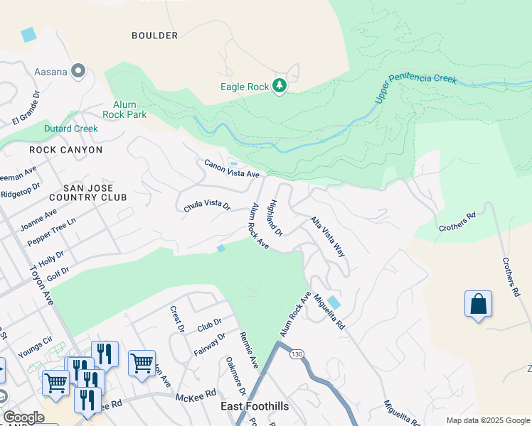 map of restaurants, bars, coffee shops, grocery stores, and more near 16109 Highland Drive in San Jose