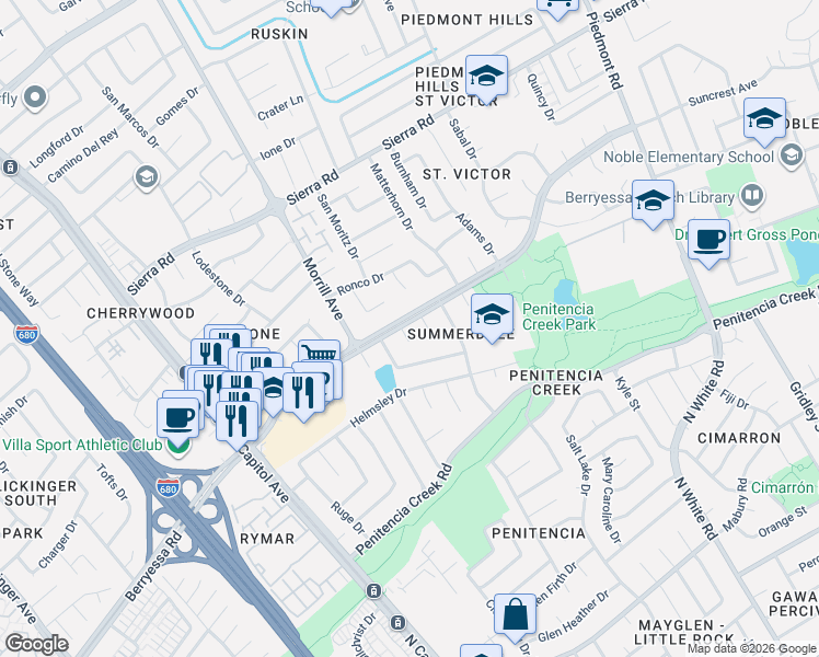 map of restaurants, bars, coffee shops, grocery stores, and more near 1147 Summerwings Court in San Jose
