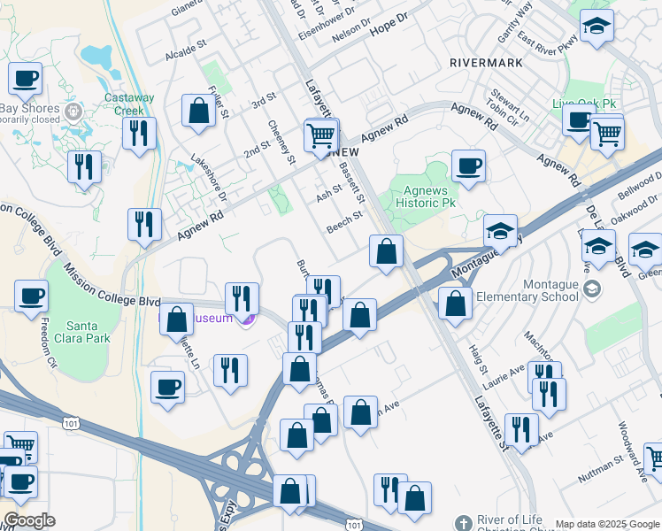 map of restaurants, bars, coffee shops, grocery stores, and more near 4003 Cheeney Street in Santa Clara