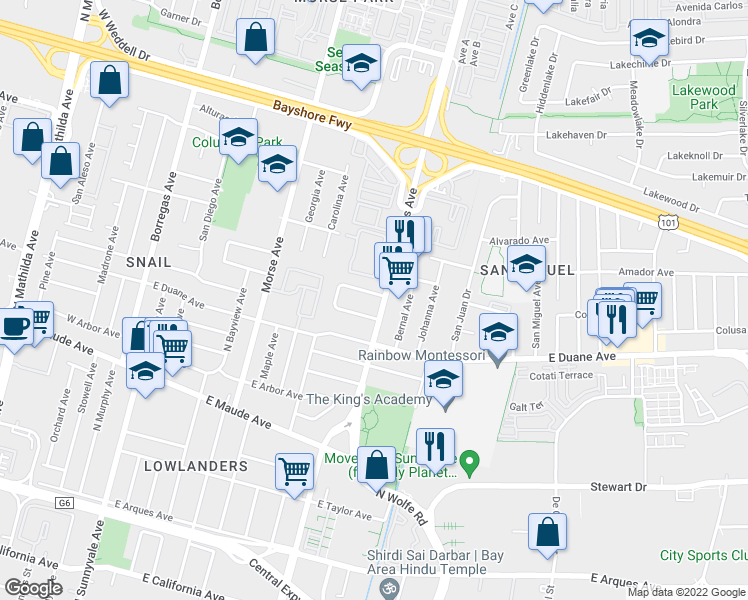 map of restaurants, bars, coffee shops, grocery stores, and more near 666 Fair Oaks Avenue in Sunnyvale
