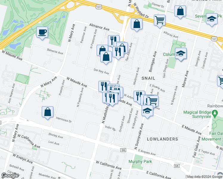 map of restaurants, bars, coffee shops, grocery stores, and more near 529 Pine Avenue in Sunnyvale