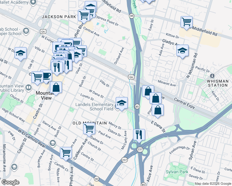 map of restaurants, bars, coffee shops, grocery stores, and more near 142 West Dana Street in Mountain View