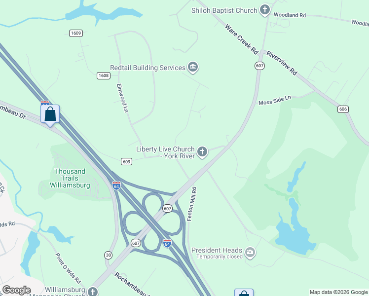 map of restaurants, bars, coffee shops, grocery stores, and more near 4550 Cedar Point Lane in Williamsburg