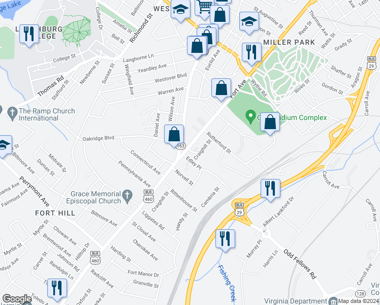 map of restaurants, bars, coffee shops, grocery stores, and more near 3634 Fort Avenue in Lynchburg