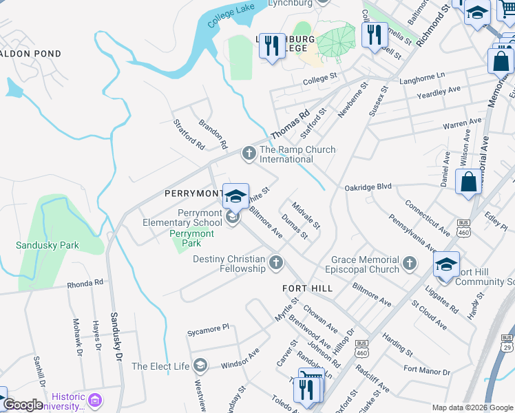 map of restaurants, bars, coffee shops, grocery stores, and more near 4314 White Street in Lynchburg