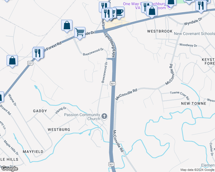 map of restaurants, bars, coffee shops, grocery stores, and more near 310 Breezewood Drive in Lynchburg